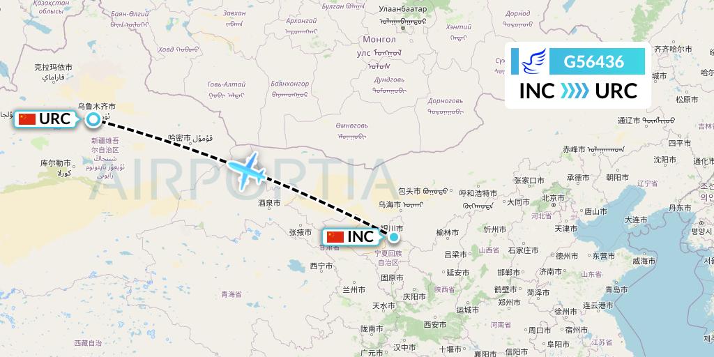 G56436 China Express Airlines Flight Map: Yinchuan to Urumqi