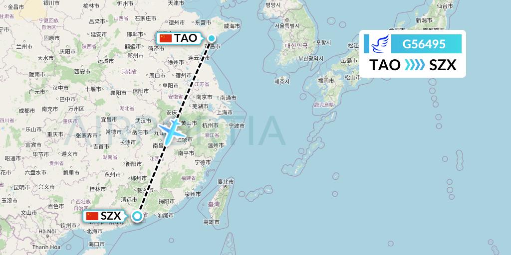 G56495 China Express Airlines Flight Map: Qingdao to Shenzhen
