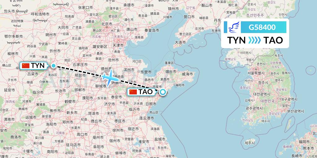 G58400 China Express Airlines Flight Map: Taiyuan to Qingdao