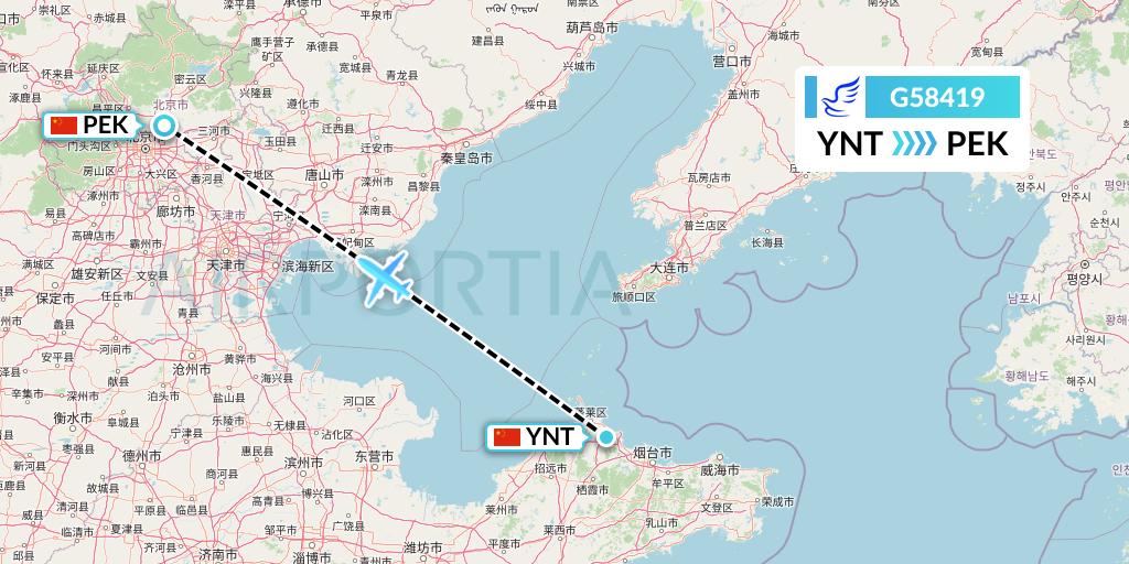 G58419 China Express Airlines Flight Map: Yantai to Beijing