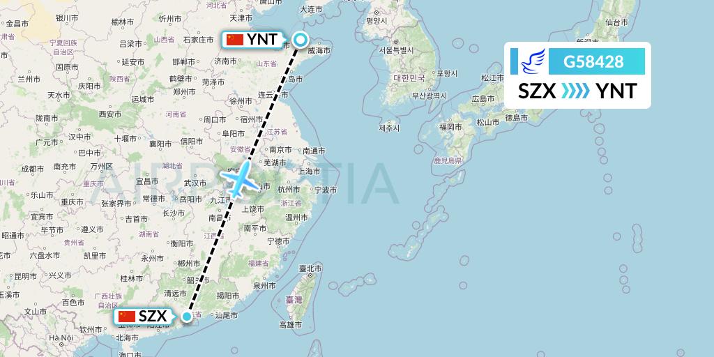 G58428 China Express Airlines Flight Map: Shenzhen to Yantai