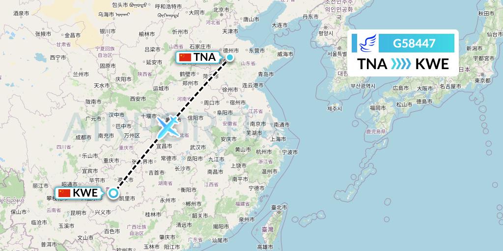 G58447 China Express Airlines Flight Map: Jinan to Guiyang
