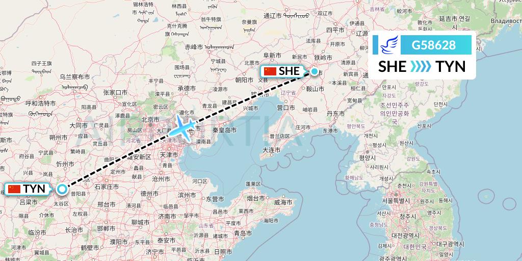 G58628 China Express Airlines Flight Map: Shenyang to Taiyuan