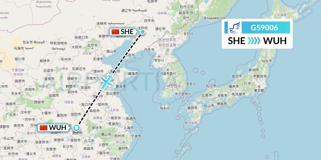 G59006 China Express Airlines Flight Map: Shenyang to Wuhan