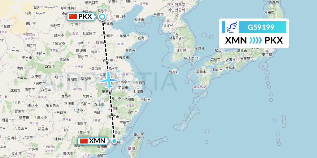 G59199 China Express Airlines Flight Map: Xiamen to Beijing