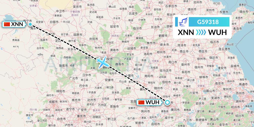 G59318 China Express Airlines Flight Map: Xining to Wuhan