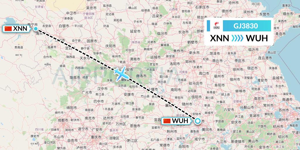 GJ3830 Loong Airlines Flight Map: Xining to Wuhan