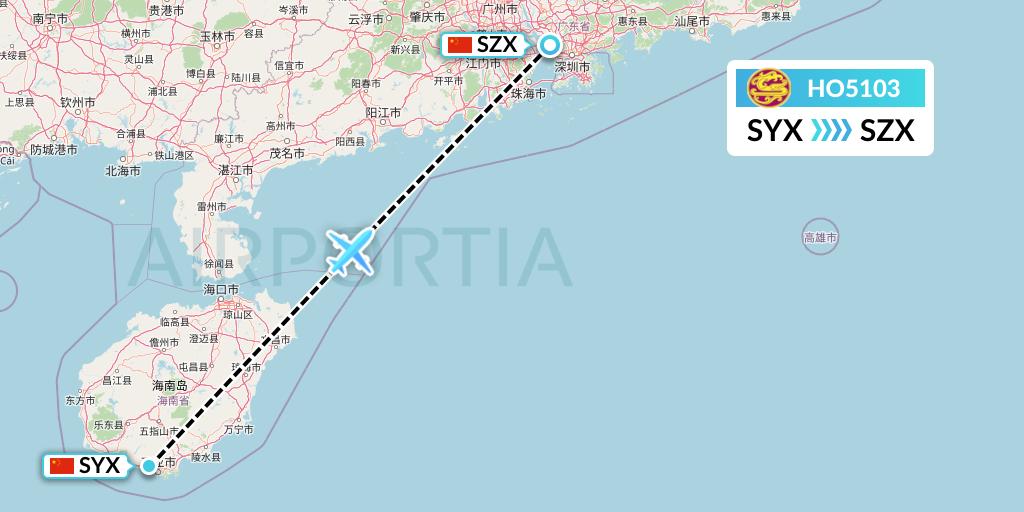 HO5103 Juneyao Airlines Flight Map: Sanya to Shenzhen