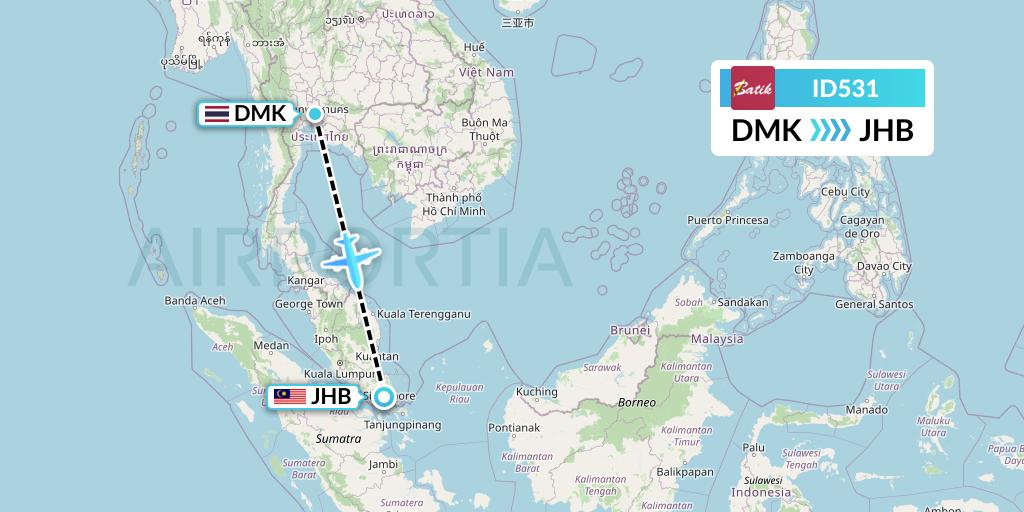 ID531 Batik Air Flight Map: Bangkok to Johor Bahru