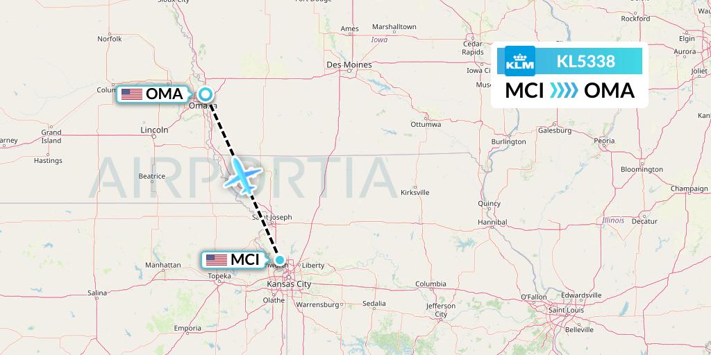 KL5338 KLM Flight Map: Kansas City to Omaha
