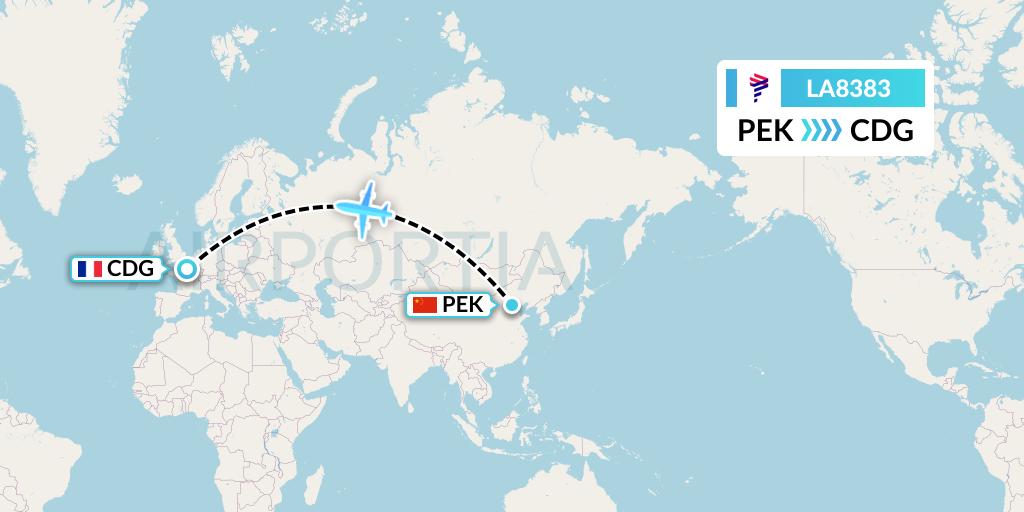 LA8383 LAN Airlines Flight Map: Beijing to Paris