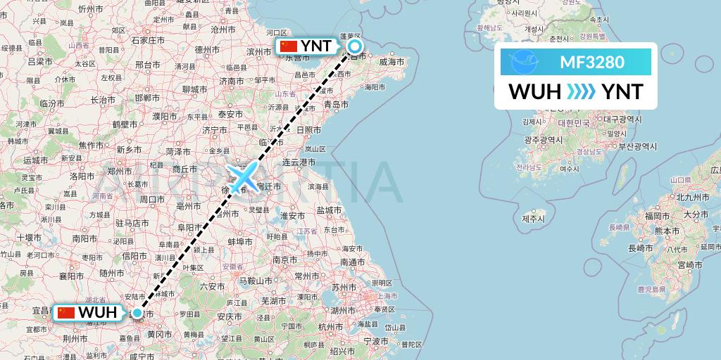 MF3280 Xiamen Airlines Flight Map: Wuhan to Yantai