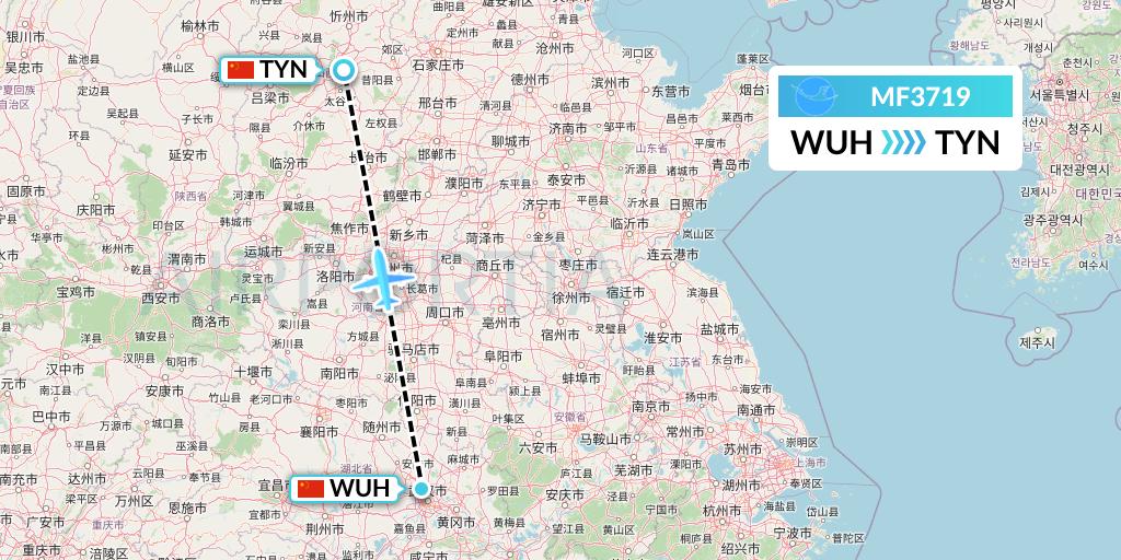 MF3719 Xiamen Airlines Flight Map: Wuhan to Taiyuan