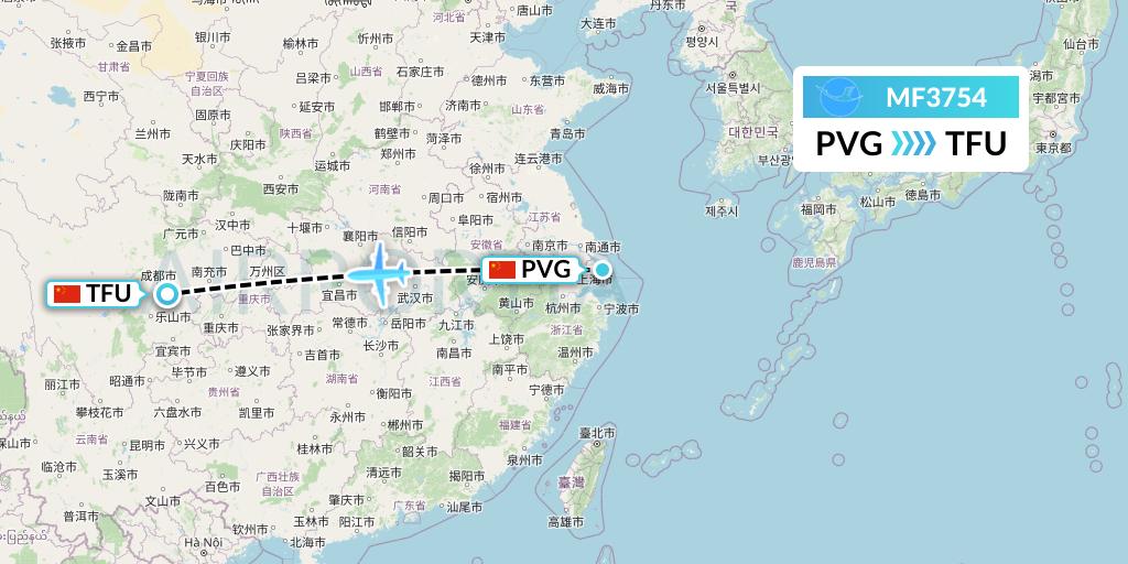 MF3754 Xiamen Airlines Flight Map: Shanghai to Chengdu