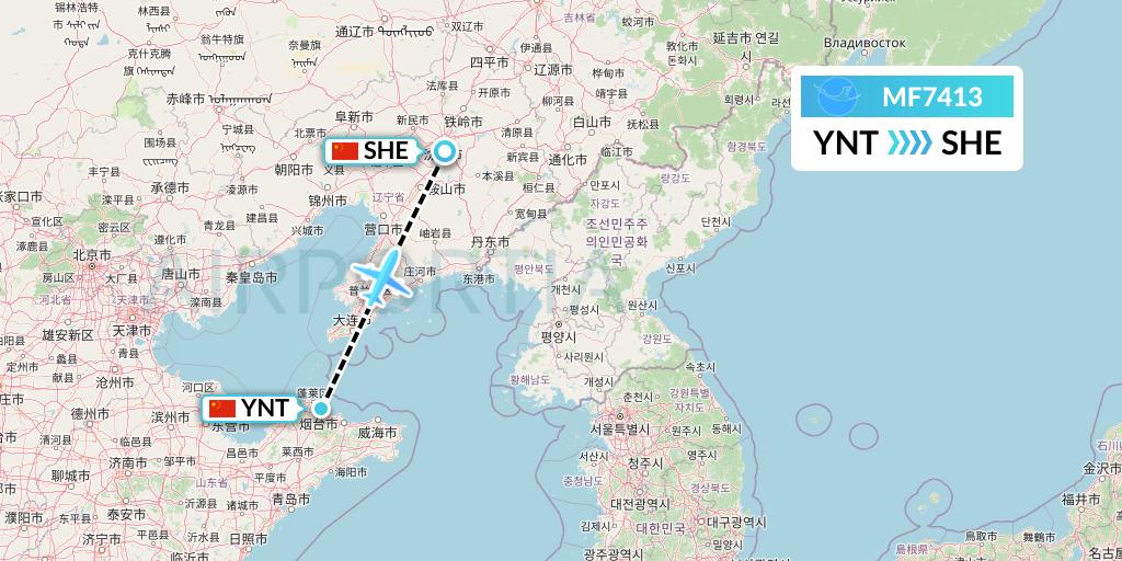 MF7413 Xiamen Airlines Flight Map: Yantai to Shenyang