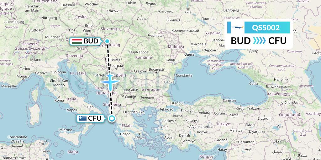 QS5002 Smartwings Flight Map: Budapest to Corfu