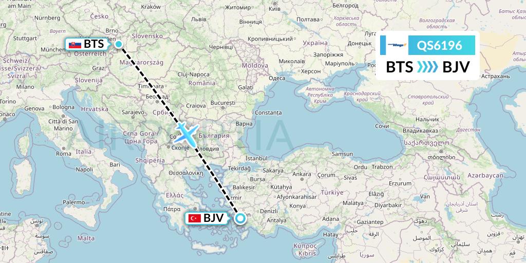 QS6196 Smartwings Flight Map: Bratislava to Bodrum