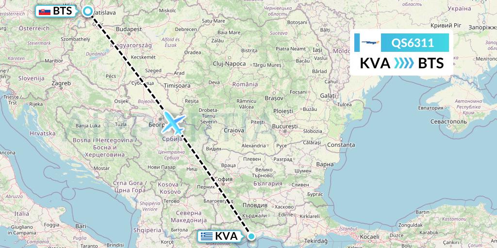 QS6311 Smartwings Flight Map: Kavala to Bratislava