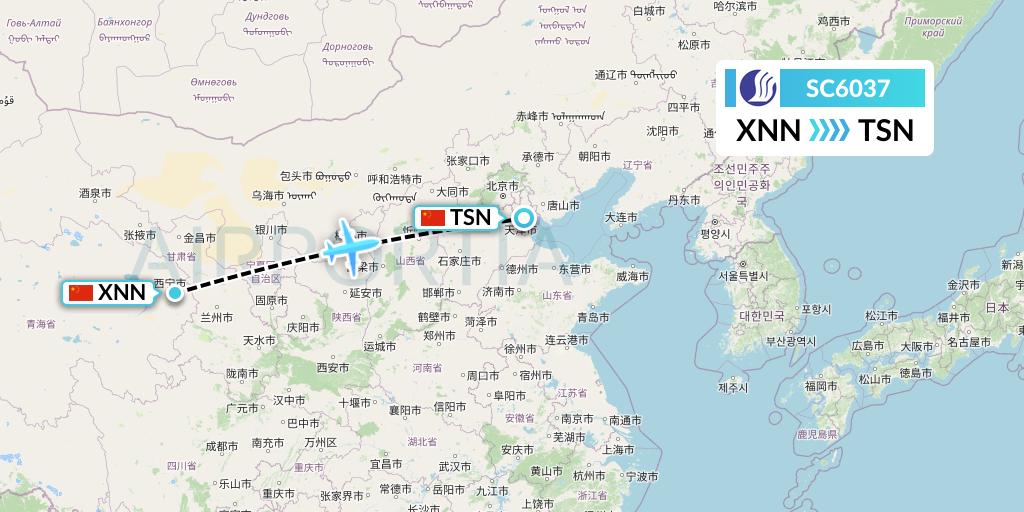 SC6037 Shandong Airlines Flight Map: Xining to Tianjin