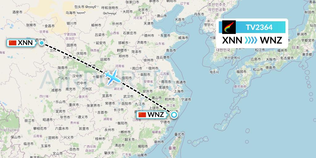 TV2364 Tibet Airlines Flight Map: Xining to Wenzhou