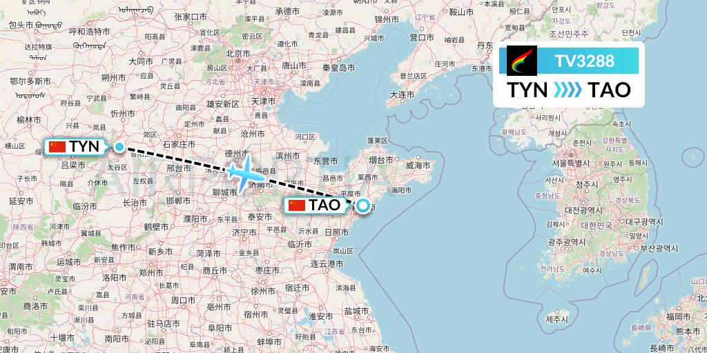 TV3288 Tibet Airlines Flight Map: Taiyuan to Qingdao