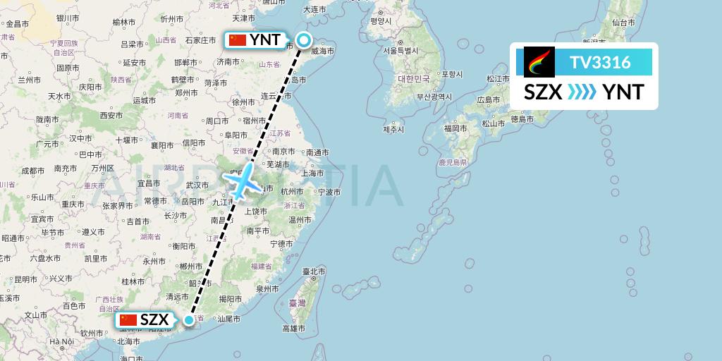 TV3316 Tibet Airlines Flight Map: Shenzhen to Yantai