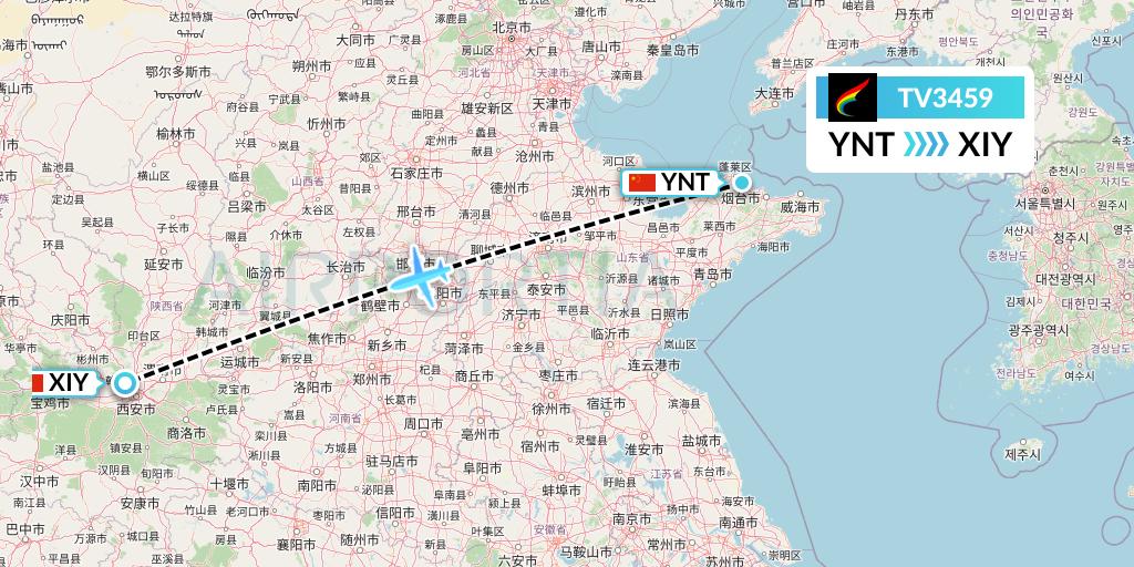 TV3459 Tibet Airlines Flight Map: Yantai to Xi'an