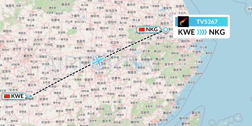 TV5367 Tibet Airlines Flight Map: Guiyang to Nanjing