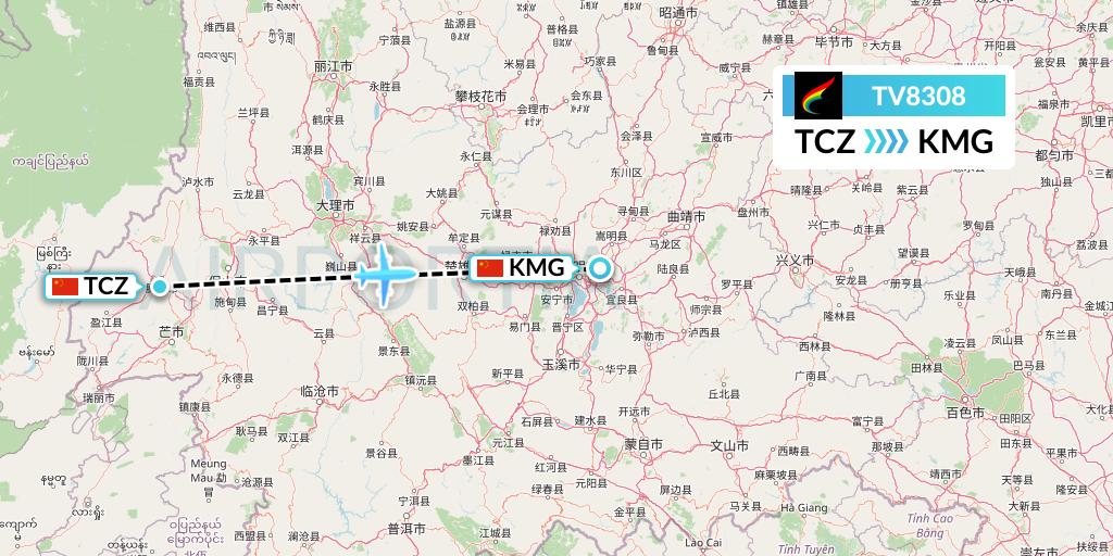 TV8308 Tibet Airlines Flight Map: Tengchong to Kunming