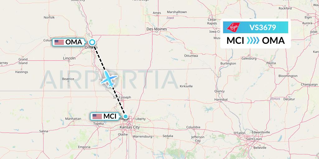VS3679 Virgin Atlantic Airways Flight Map: Kansas City to Omaha