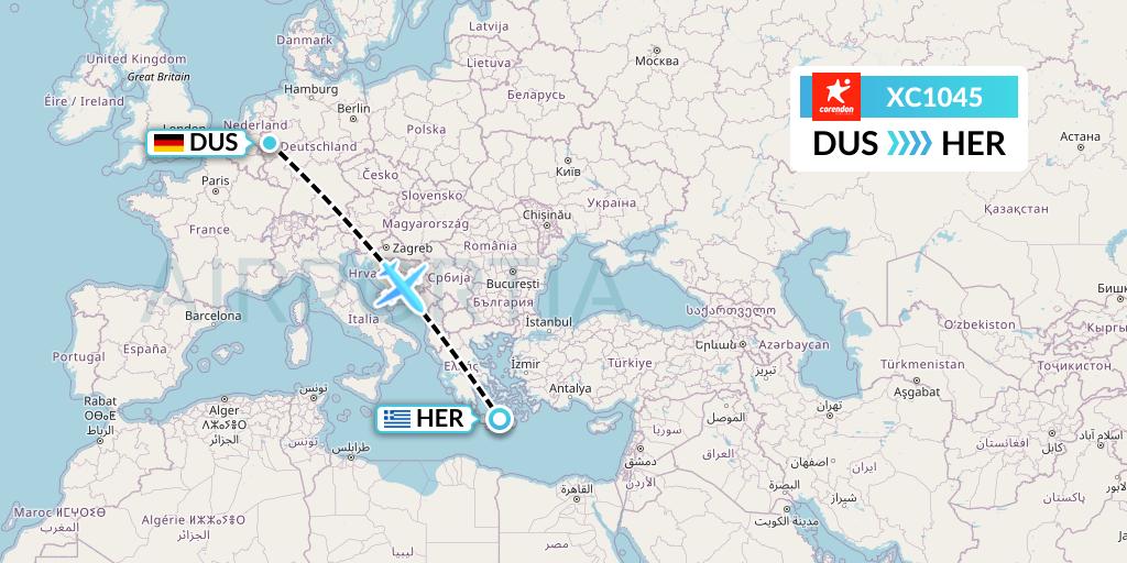 XC1045 Corendon Airlines Flight Map: Dusseldorf to Heraklion