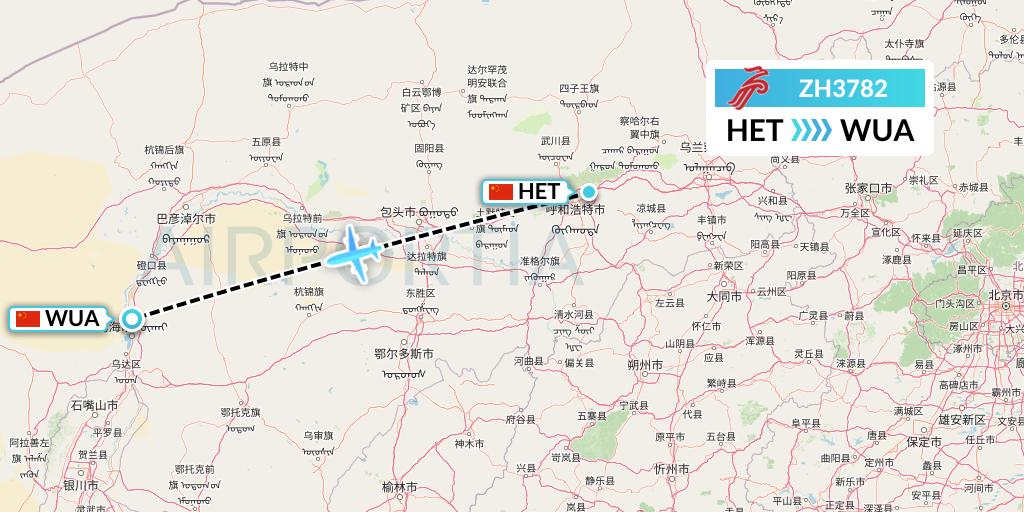 ZH3782 Shenzhen Airlines Flight Map: Hohhot to Wuhai