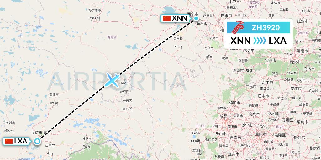 ZH3920 Shenzhen Airlines Flight Map: Xining to Lhasa