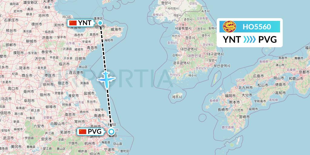 HO5560 Juneyao Airlines Flight Map: Yantai to Shanghai