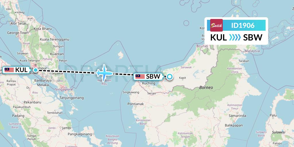 ID1906 Batik Air Flight Map: Kuala Lumpur to Sibu