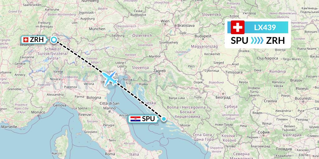 LX439 Swiss Flight Map: Split to Zurich