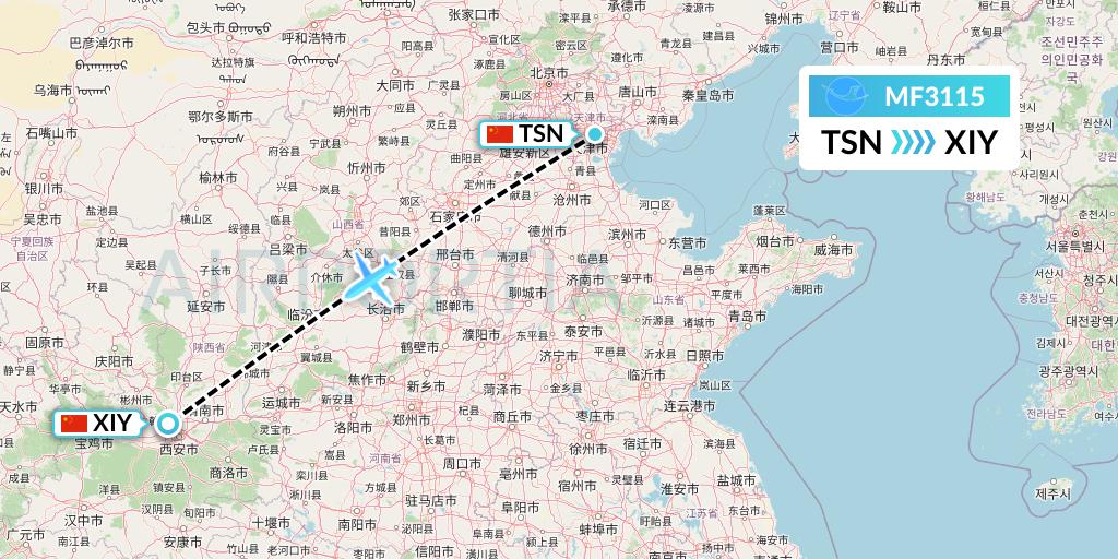 MF3115 Xiamen Airlines Flight Map: Tianjin to Xi'an
