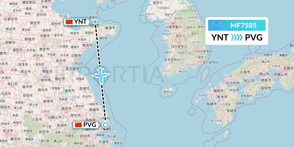 MF7585 Xiamen Airlines Flight Map: Yantai to Shanghai