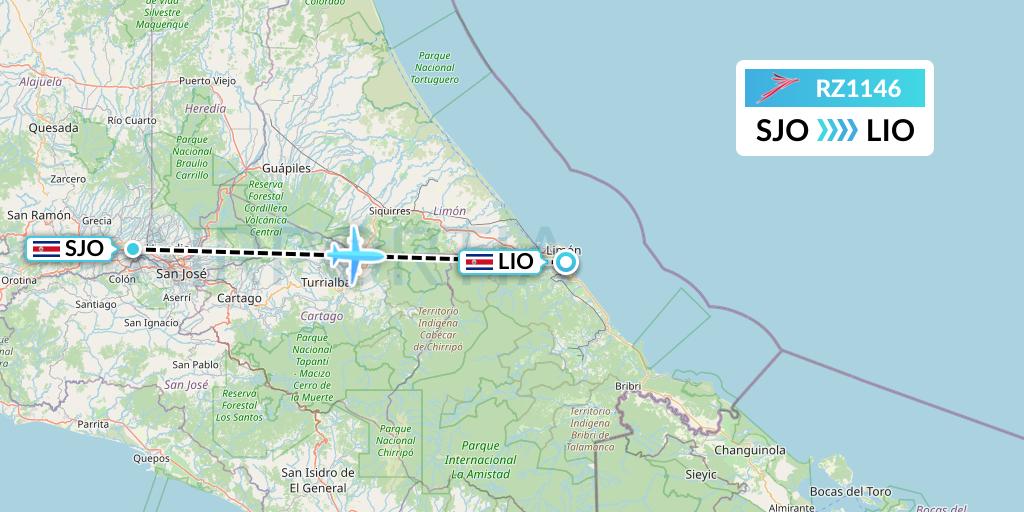 RZ1146 Sansa Airlines Flight Map: San Jose to Puerto Limon