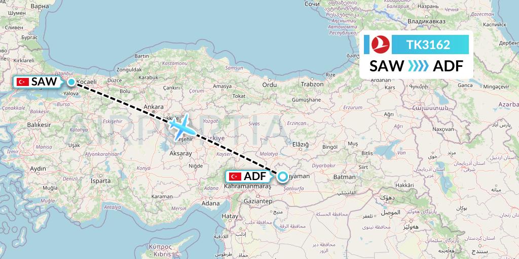 TK3162 Turkish Airlines Flight Map: Istanbul to Adiyaman