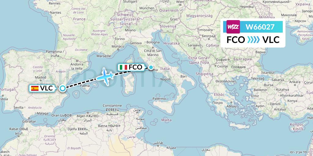 W66027 Wizz Air Flight Map: Rome to Valencia
