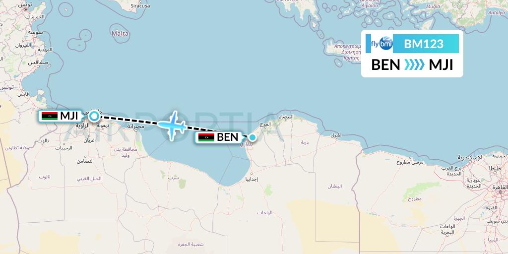 BM123 BMI Regional Flight Map: Benghazi to Tripoli