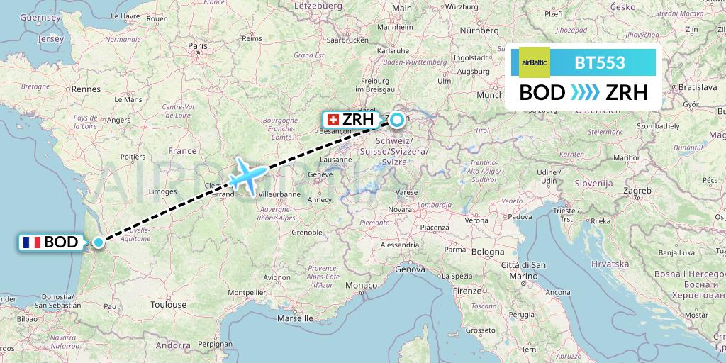 BT553 Air Baltic Flight Map: Bordeaux to Zurich