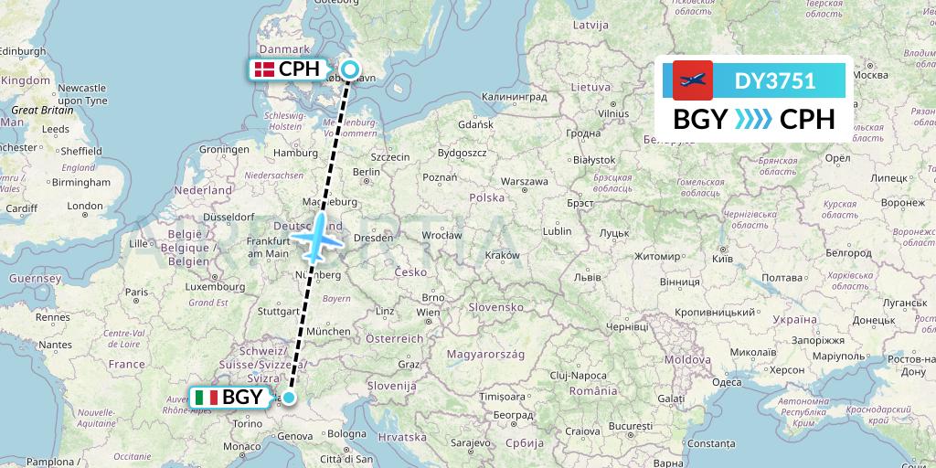 DY3751 Norwegian Flight Map: Milan to Copenhagen