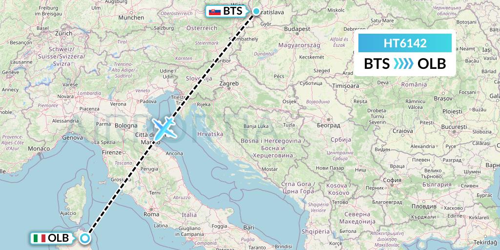 HT6142 Ningxia Cargo Airlines CO.,LTD Flight Map: Bratislava to Olbia