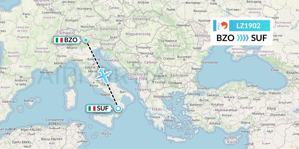 LZ1902 Air Link Flight Map: Bolzano to Lamezia Terme