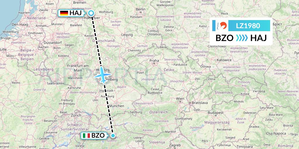 LZ1980 Air Link Flight Map: Bolzano to Hannover