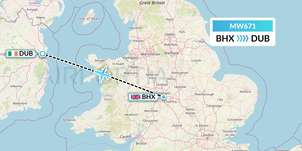MW671 Mokulele Flight Service Flight Map: Birmingham to Dublin