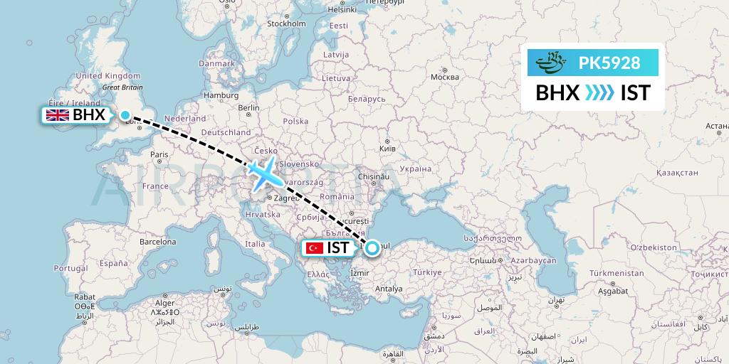 PK5928 Pakistan International Airlines Flight Map: Birmingham to Istanbul