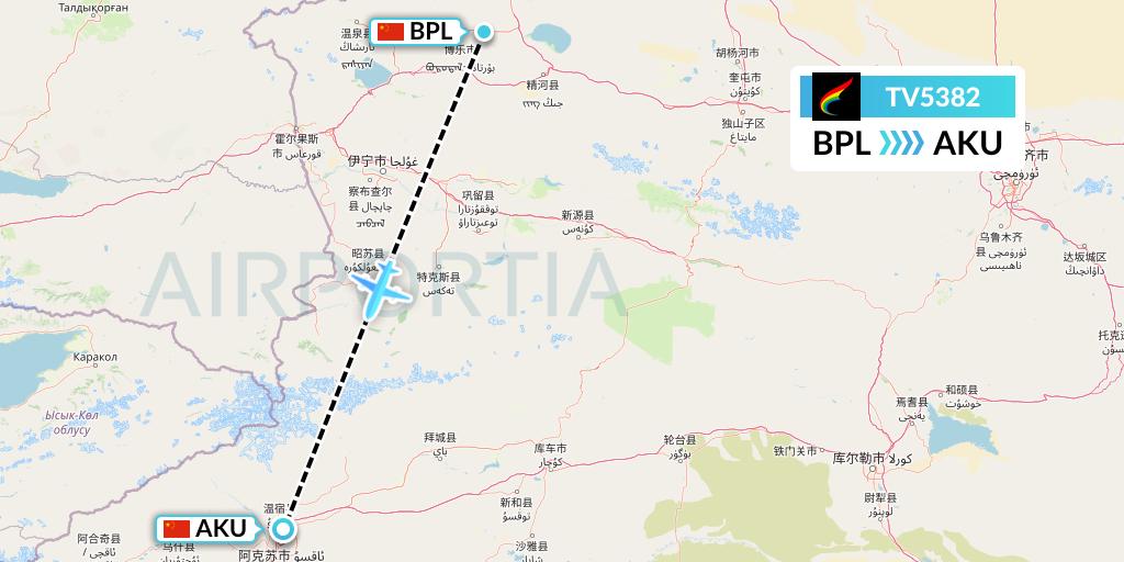 TV5382 Tibet Airlines Flight Map: Bole to Aksu